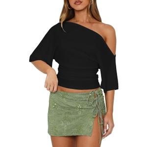 BONITEE Women One Shoulder Tops 2026 Summer Off The Shoulder Shirts Casual Cropped Short Sleeve Top Crop Blouses Tee Tshirts, Black, Meduim