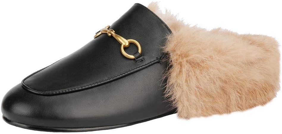 Arqa Fur Mules for Women Comfortable Leather Buckle Mule Flats Furry Padded Backless Loafers Casual Slides Shoes (Black Fur, US 11)