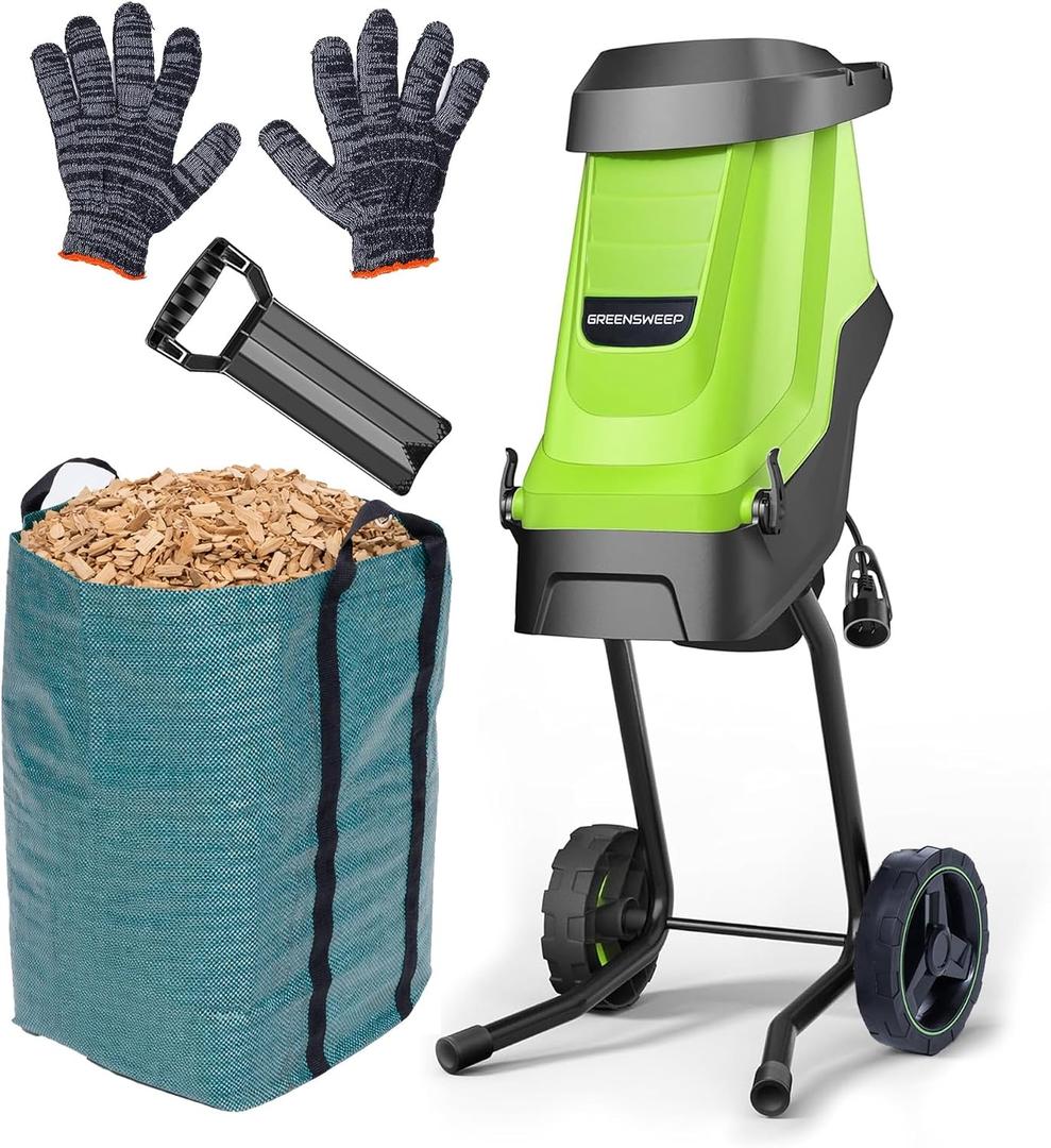 GreenSweep Electric Wood Chipper & Mulcher 15A Powerful Garden Chipper for Branches, Sticks & Yard Waste Compact, Quiet & Easy to Use with Collection Bag