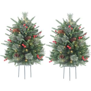 30 Inch Outdoor Prelit Christmas Tree 2 Pack, Battery Operated Small Xmas Tree 100 LED Lights, for Entrances Tabletop Ornaments for Porch Driveway Yard Garden Green