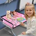 Kids Tray Table Cover, Airplane Tray Cover with Pockets, Airplane Travel Essentials for Kids, Portable Airplane Must Haves for Toddler on Plane or Train and Flying Supplies (Pink)