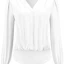 Hobemty Women's Button Down Bodysuit Long Sleeve V Neck Classic Business Work Shirt Top (White, XL)