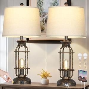 28" Vintage Table Lamps for Living Room, Industrial Farmhouse Table Lamp with USB C+A Ports & Outlet, Rustic Nightstand Bedside Lamps with 2 Night Light for Bedroom End Tables Bronze, 4 Bulbs Included