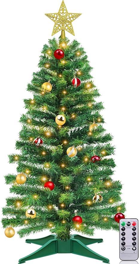 TURNMEON Remote Control 8 Modes 3 Ft Christmas Tree with Lights Timer 15 DIY Ball Ornament 50 Warm Light Battery Operated Artificial Pencil Small Tinsel Xmas Tree Holiday Decorations Home Indoor Table