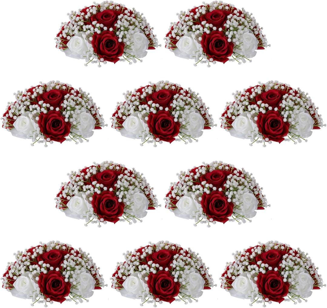 NUPTIO Babys Breath Artificial Flowers: 10 Pcs 8.6 inch Diameter Crimson Rose Ball Fake Arrangement Bouquet for Wedding Centerpiece Event Party Tables Decorations