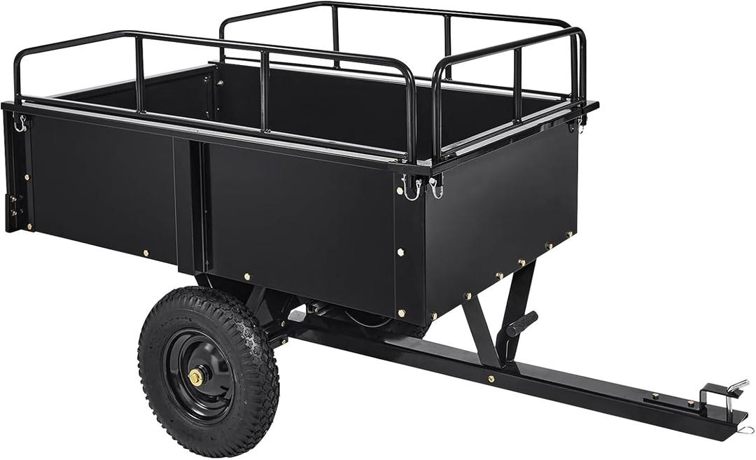 Heavy Duty Tow Behind ATV Trailer, 750 Lbs Steel Dump Cart Garden Carts with Removable Sides to Convert Into Flatbed, Metal Utility Wagon for Riding Lawn Mower Tractor