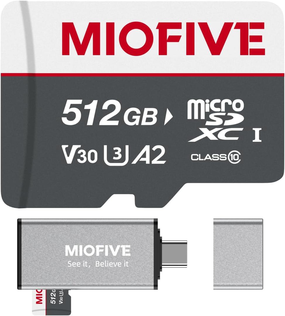 Miofive Memory Card - Ultimate Micro SD Card with USB 3.0 Type-C Card Reader 170MB/s, C10, U3, A2, V30, 4K for Dash Cams, Android Smartphones, Tablets, and Gaming Devices (512GB)
