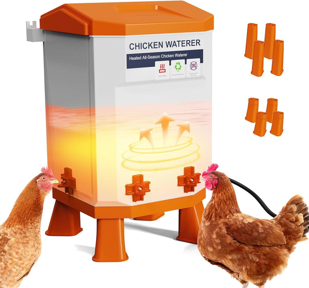 Heated Chicken Waterer, Thermostatically Controlled Poultry Water Heater for Winter, 4 Horizontal Nipples and 8 Support Legs, Anti-Freezing Watering System for Coop Accessories (Orange, 3.2Gallon)
