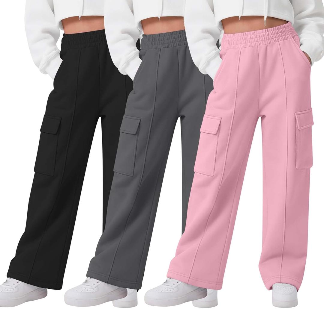 3 Pack Girls Wide Leg Sweatpants Cargo Pants High Waisted Baggy Causal Loose Kids Elastic Waistband Pants Joggers (11-12 Years, Pink, Dark Gray, Black)