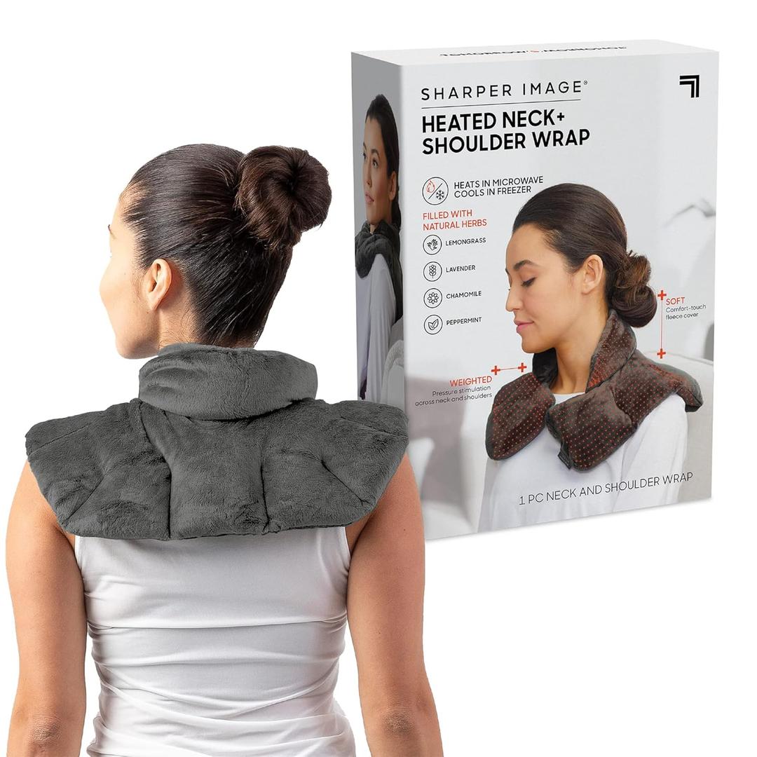 Sharper Image Heated Neck & Shoulder Wrap - Microwavable Warm & Cooling Plush Pad, Scented Aromatherapy (100% Natural Lavender & Herb Spa Blend), Pain Tension Headache Relief Therapy, Gift for Women (Grey)