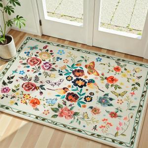 Rugflix 2x3 Small Area Rugs for Entryway, Washable Entrance Door Mat Non-Slip, Soft Low Pile Stain Resistant Vintage Floral Indoor Throw Rug for Kitchen, Bedroom, Hallway, Beige Yellow