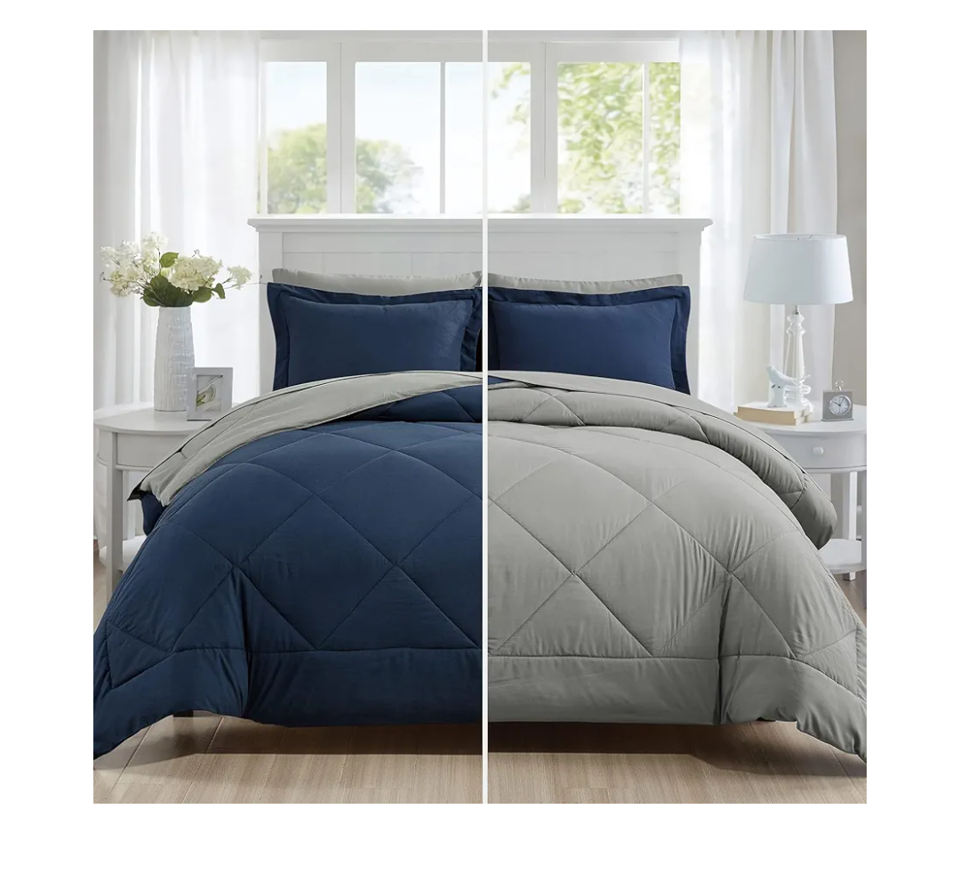 Queen Comforter Set 7 Pieces Bed in a Bag, Full/Queen Reversible Bed Set with Comforter, Flat Sheet, Fitted Sheet, Pillowcases & Shams, Navy Blue and Grey Bedding Sets for Queen Size Bed