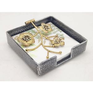 Silver Flat Square Napkin Holder with Gold Orchid Blooms & Faux Crystals | Orchid Flowers Metal Hinged Weighted Arm | Serviette Paper Hand Towel Storage Caddy Tray Organizer Dispenser