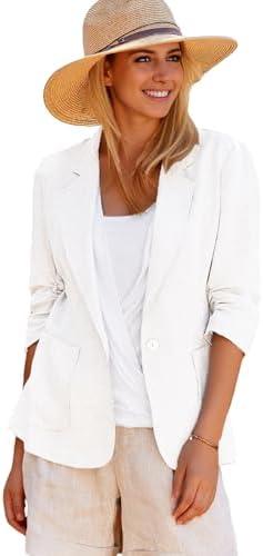 Mina Self 2025 Summer Linen Blazer Women Lightweight 3/4 Stretchy Ruched Sleeve Fully-Lined Casual Work Jacket with Pockets, Size Medium, White 