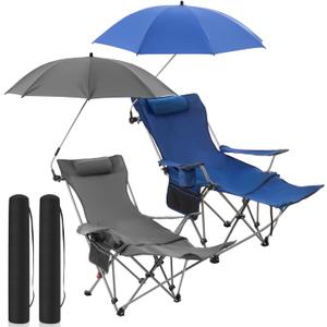 Yuntau 2 Set Reclining Beach Chairs with UPF 50+ Umbrellas, Upgraded Heavy Duty Portable Folding Lounge Camping Chair with Removable Footrest & Headrest for Outdoor Fishing Patio(Grey,Blue), 61.42 x 35.24 x 21.26 inches