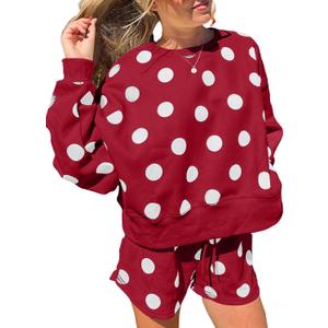 KevaMolly Womens Two Piece Lounge Sets Polka Dot Print Drop Shoulder Oversized Pullover Drawstring Shorts Set (Red, M)