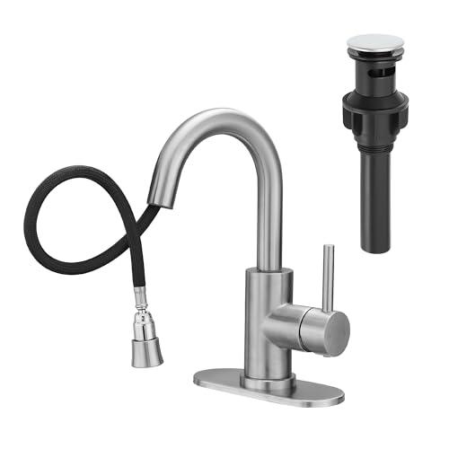 Brushed Bathroom Sink Faucet with Pull Out Sprayer for 1 Hole,Bar Sink with Pop-Up Drain,Single Handle Small Kitchen Faucet with 4 in Deck Plate,360°Swivel Faucet for Farmhouse Vanity