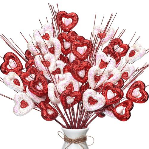 Suncalla 12 Pcs Valentine Heart Picks 12" Glitter Red Heart Picks Rotating Valentine Stems with Red White Glitter for DIY Bouquet Wedding Centerpiece Decor