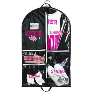 Cheer Garment Bags for Cheerleading Uniform Waterproof Hanging Garment Bags for Dance Costumes 40 Inch Clothes Bag with 5 Pockets and Side Zip Travel Storage Cheer Uniform(Black,Rose Red)