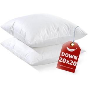 YSTHER Down Feather Throw Pillow Inserts 20x20 Set of 2 Firm Large Lumbar Pillows for Bed Decorative Couch Soft Pillows for Sleeping Indoor White Cotton Pillow Sofa