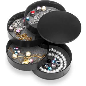 HengLiSam Jewelry Organizer, Small Jewelry Box Earring Holder for Women, Jewelry Storage Box 4-Layer Rotatable Jewelry Accessory Storage Tray with Lid for Rings Bracelets (Black)