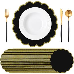 Tinlade 50 Pcs Paper Placemats, 13.5 Inch Disposable Scalloped Placemat, Decorative Round Table Place Mats for Birthday, Wedding, Bridal Shower, Baby Shower, Tea Party, Dining Tableware (Black)