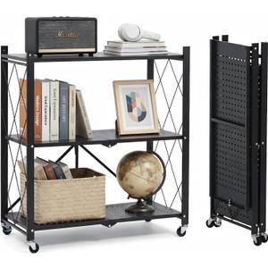 3 Tier Foldable Storage Shelves with Wheels, Metal Collapsible Organization Storage Rack, No Assembly Folding Bookshelf, Rolling Storage Rack for Kitchen, Bedroom, Pantry, Garage, Display, Black 2 Pack