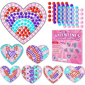 Qyeahkj 7 Pcs Valentine's Arts Crafts Kit DIY Heart Gems Diamond Suncatcher Crafts for Kids Valentines Gemstones Painting Gifts Exchange for Home School Party Decor for Kids Aged 4 6 8 10 12