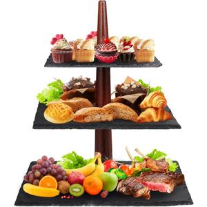3 Tier Serving Tray 3 Tiered Tray Stand Modern and Rustic Tiered Dessert Stand Slate & Acacia Wood 3 Tier Cupcake Stand for Wedding Birthday Christmas (Square)