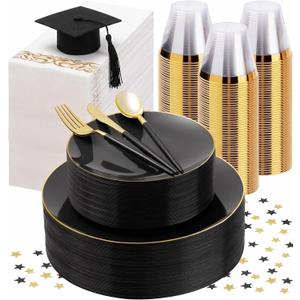 350 Pieces Black Gold Plastic Dinnerware Set, Gold Disposable Plates for Party, Include 100 Black Plates with 150 Plastic Cutlery, 50 Napkins and 50 Cups