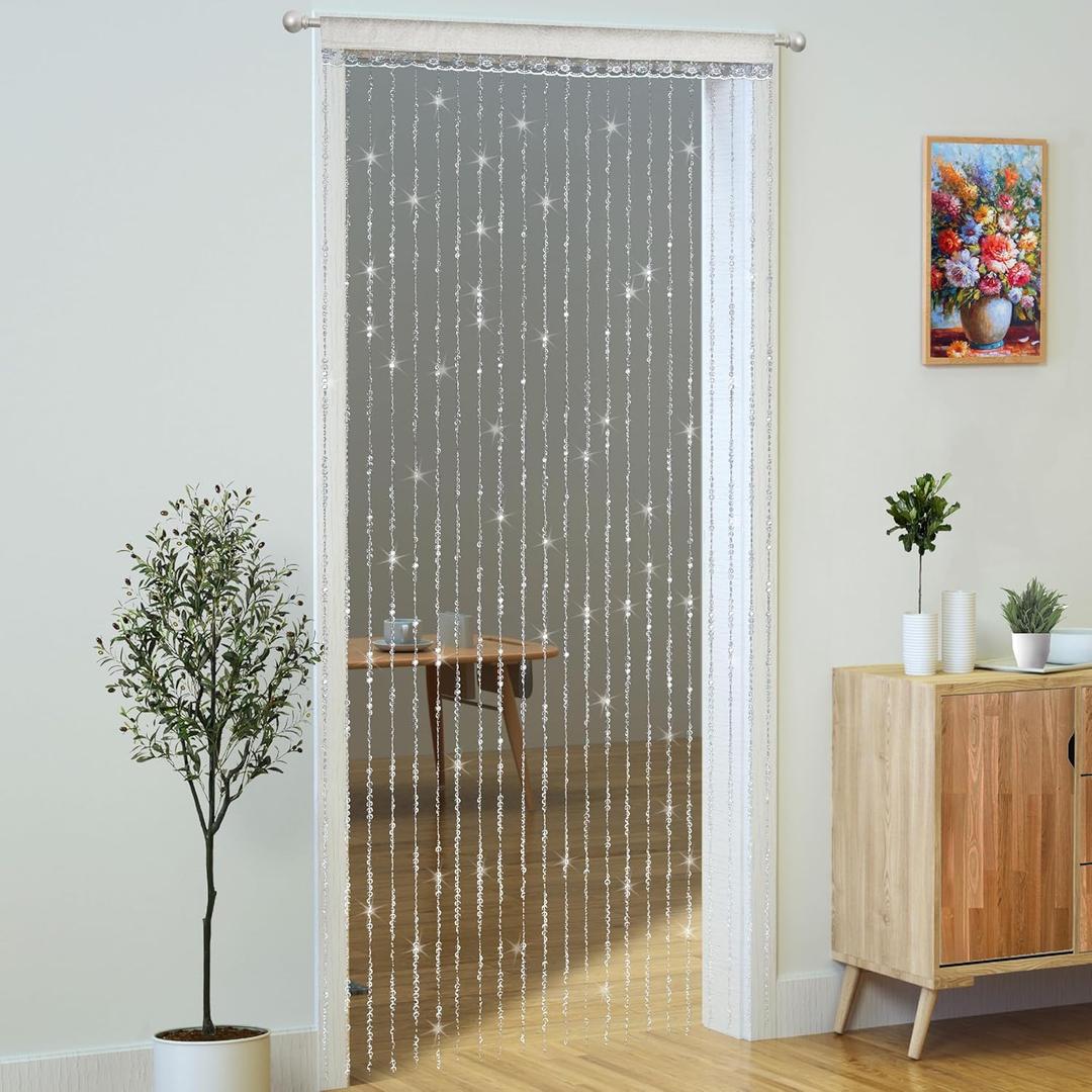 YaoYue Crystal Beaded Curtain Door Curtain 36 x 79 Inches 22 Strands Acrylic Hanging Door Beads Room Divider for Doorway Window Living Room Bedroom Wall Closet Home Decor (White,1 Panel)