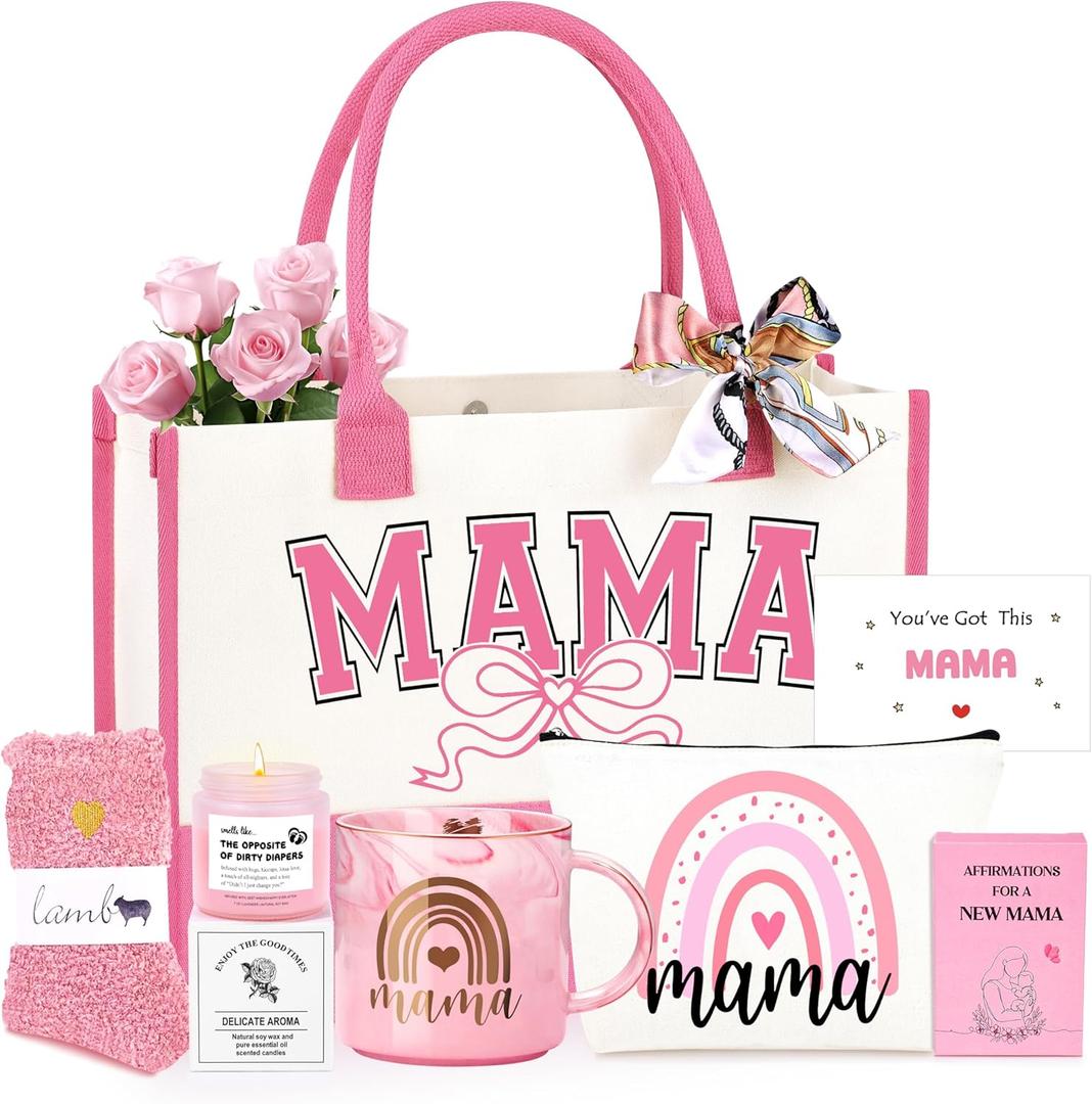 New Mom Gifts, First 1st Mothers Day Birthday Gifts for New Mom Care Package After Baby Postpartum Present for Expecting Mama Basket Set of 7