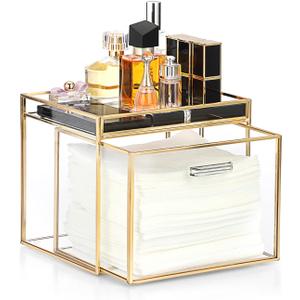Sumnacon Disposable Face Towel Holder Glass Face Towel Storage Box with Drawer Compatible with Clean Skin Cluub Clean XL Makeup Box Organizer for Bathroom,Vanity Countertop