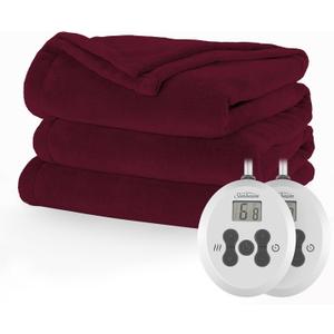 Sunbeam Electric Royal Luxe Microplush Heated Blanket 12 Heat Settings, 12-Hour Selectable Auto Shut-Off, Fast Heating, Warm and Cozy, Cabernet Red Color, Queen, 90" x 84"