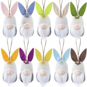 Easter Hanging Bunny Ornaments Set of 10, Colorful Plush Bunny Gnomes for Tree Decorations