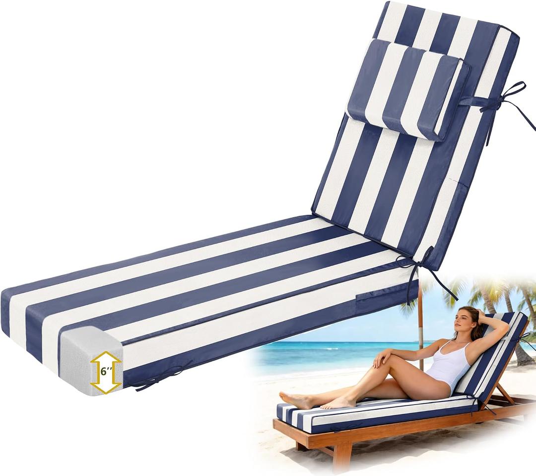 Chaise Lounge Cushions Outdoor 72x21x6 Inch, Fade Resistant 6'' Thicken Outdoor Lounge Chair Cushion with Headrest, Water-Resistant Patio Lounger Pad with Straps, Blue White Striped