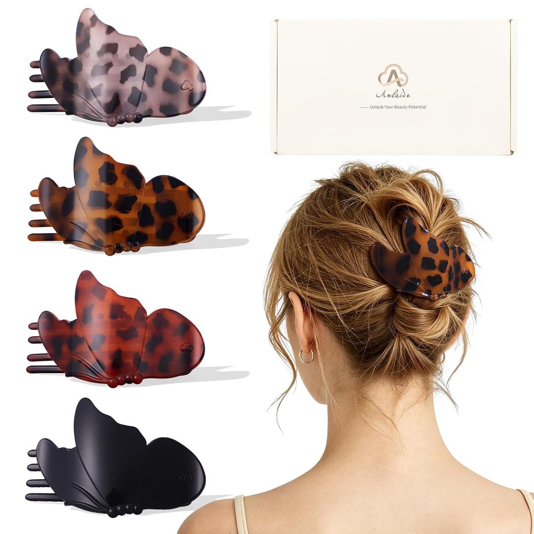 Large Flat Hair Clips for Thick Thin Hair, Butterfly Flat Claw Clips for Women, French Duckbill Hairclips for Daily Styling, Driving, Lying, Work - 4 Pcs, Tortoiseshell Design