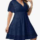 SCOMCHIC Women Plus Size Lace Cocktail Dresses Summer Wrap V Neck Short Sleeve Flowy A Line Wedding Guest Midi Dress, SIZE 2XL