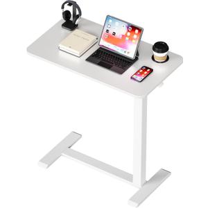Adjustable Bedside Table with Swivel Hidden Wheels Pneumatic Rolling Desk Mobile Standing Desk with Cup Holder for Hospital Home(27.6"x15.8" White)