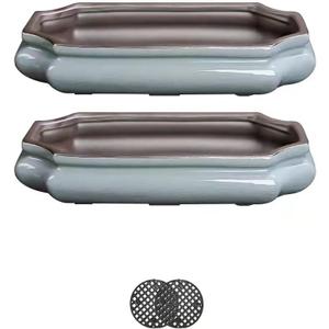 (10-Inch Shallow Bonsai Pots 2-Piece Set Water Glaze Blue Succulent Platter Bonsai Tree Ceramic Flower Pot Handmade (Without Plants)