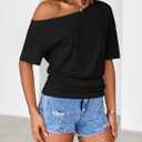 MEROKEETY Women's Off The Shoulder Short Sleeve Tops 2026 Summer Casual Going Out Trendy Y2k T Shirts (Black, XL)