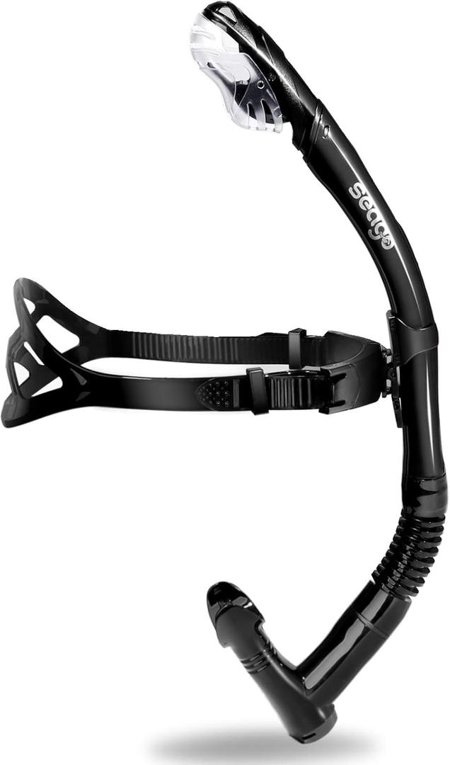 Seago Swim Snorkel for Lap Swimming, Dry Top Front Swimmer Snorkel for Adult Youth, Snorkel Gear Swimming Training Equipment in Pool and Open Water with Comfy Head Pads Food-Grade Silicone Mouthpiece (Black)