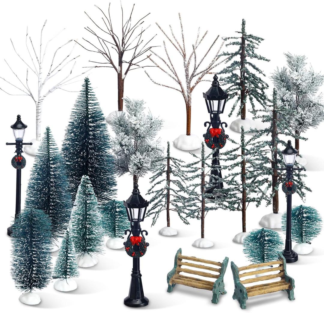 Zonon 55 Pcs Christmas Village Sets Mini Artificial Christmas Tree Sets Snowy Pine Trees Figurine Bare Branch Trees First Frost Trees Xmas Street Lamp Post Miniature Park Bench Seat for Holiday Decor