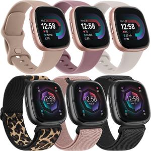 3+3 Pack Elastic Band and Silicone Band Compatible with Fitbit Versa 4 Bands for Woman/Fitbit Sense 2 Bands/Fitbit Versa 3 Bands/Fitbit Sense Bands, Replacement Wristband for Women Men for Smartwatch (Large, Beige+Mauve Purple+Starlight+Leopard+Pink+Black), L