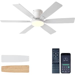 52 inch White Ceiling Fans with Lights and Remote, Low Profile Ceiling Fan with Light, Flush Mount, Reversible, 3CCT, Dimmable, Noiseless, Flush Mount Ceiling Fan for Bedroom Living Room Patios