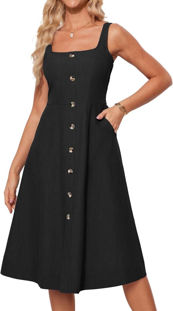 GRACE KARIN Women's Summer Sleeveless Midi Dress Button Down A-Line Swing Flowy Dress Black, Small