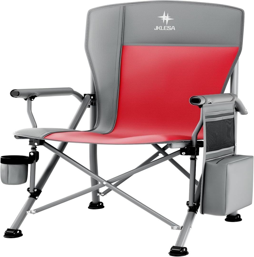 XL Premium Camping Chair - 400lb Capacity, Oversized 23.7" Wide Seat, Heavy Duty 600D Oxford Fabric, Padded Camping Chair Portable for Outdoor, Beach, Tailgate Parties Slate/Red (XL  Silver Steel Frame)