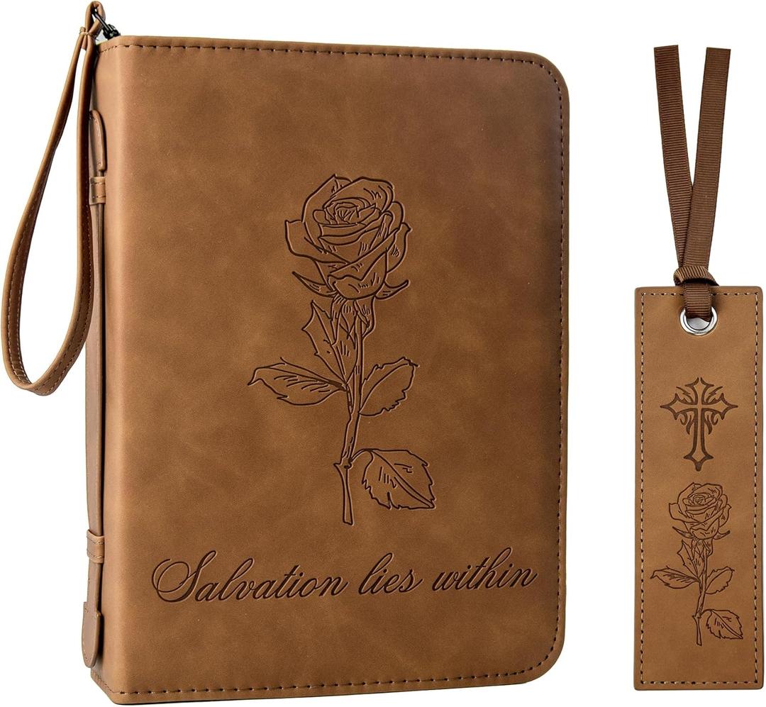 Bible Cover Case for Women, PU Leather Bible Case w/Detachable Wristlet Strap, Durable Bible Covers for Women, Waterproof Bible Cases for Woman, Debossed Floral Design