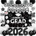 Holkcog 2026 Graduation Decorations, Black Class of 2026 Congrats Graduation Cool Backdrop, Balloons, Paper Pompoms for Graduation Party Decorations, Black White Theme College Grad Party Decorations