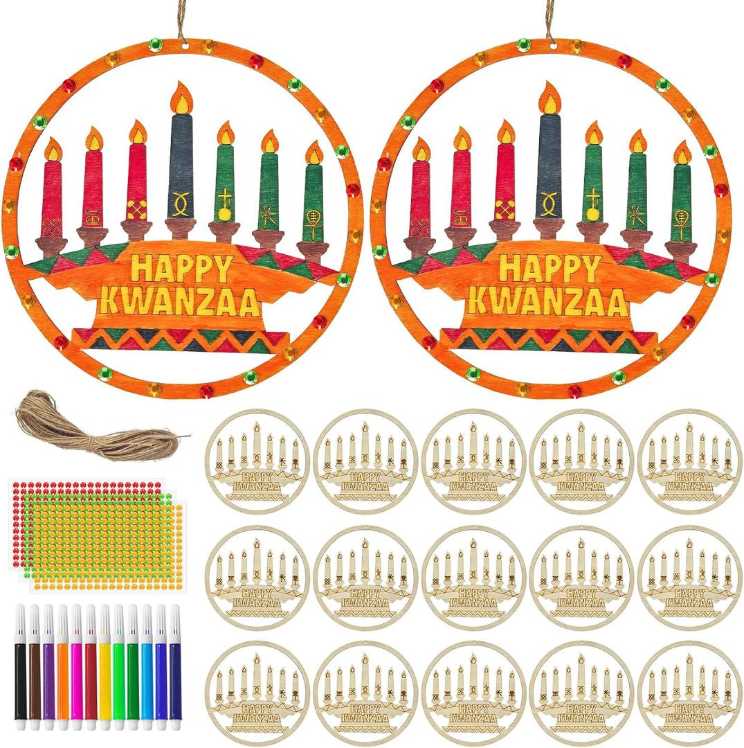Cinrobiye 12 Set Kwanzaa Wooden Craft DIY Kinara Hanging Wooden Ornaments Art&Crafts Make Your Own African American Heritage Festival Hanging Sign for Office Home School Party Favor Decor Supplies